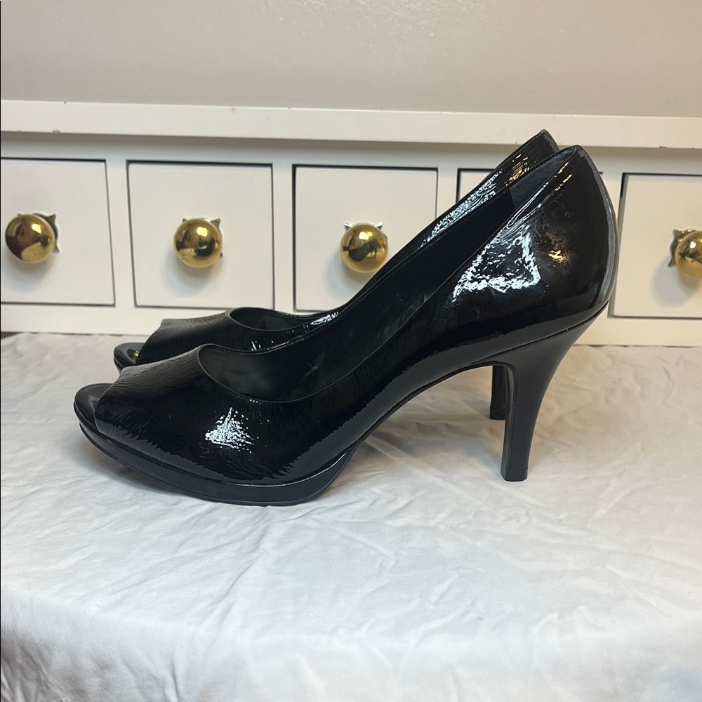 Alex Marie Shiny Black Peep Toe Heels